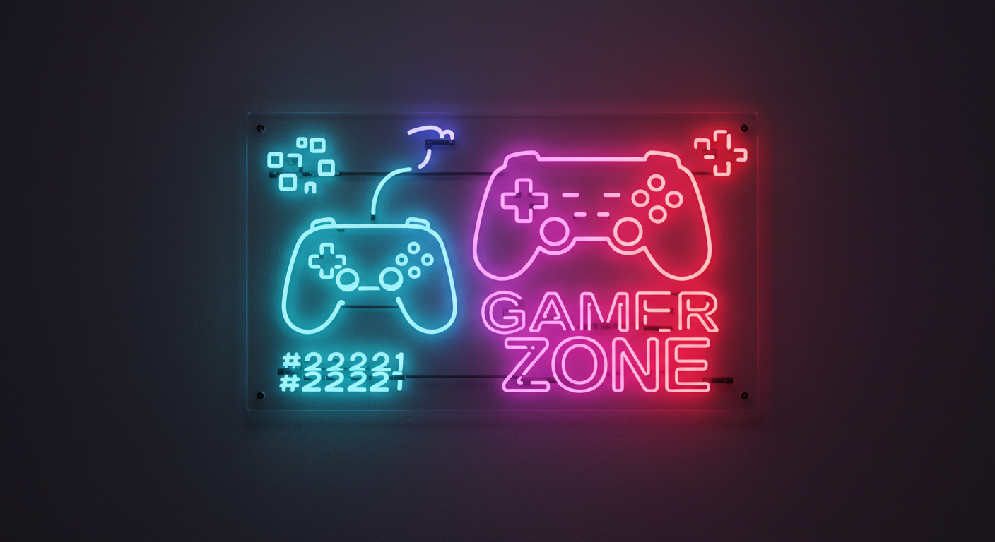 Neon sign with gaming controllers and 'Gamer Zone' text on a dark background