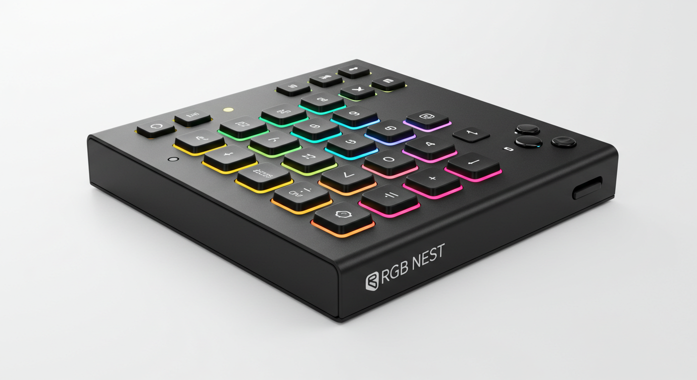 Black RGB keyboard controller with colorful backlighting on a white background