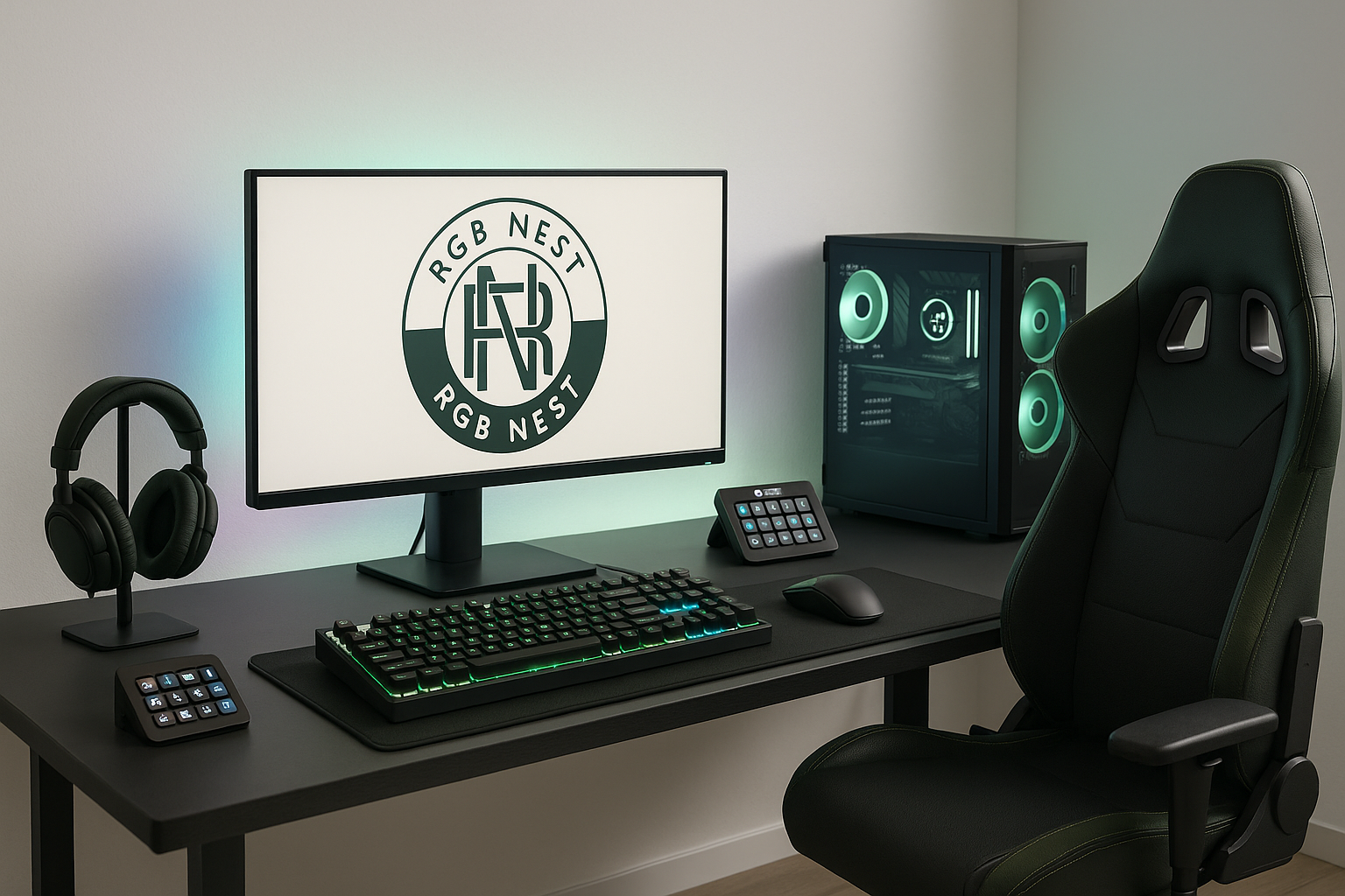 Gaming setup with monitor, keyboard, mouse, and chair on a desk with RGB lighting.