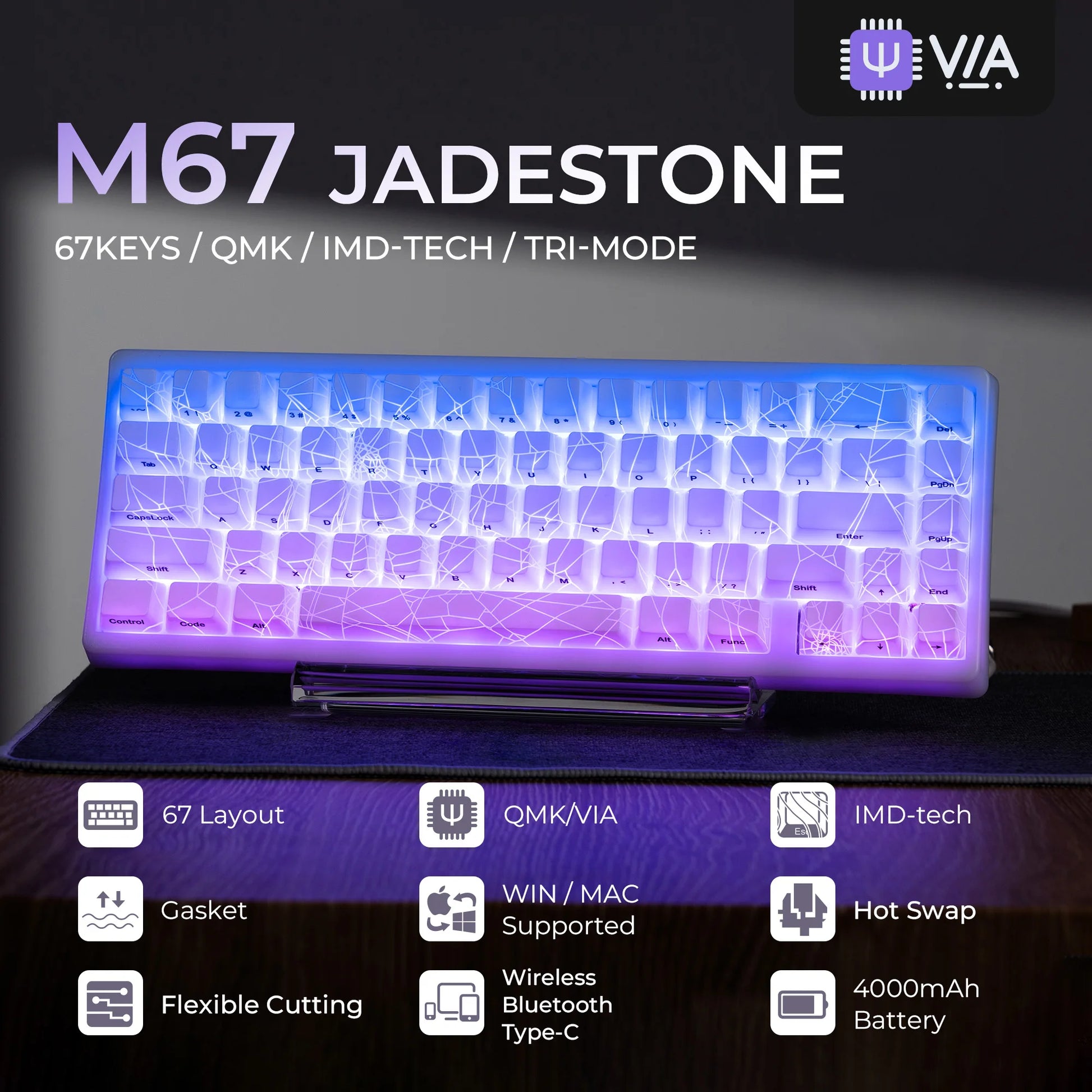 M67 Jadestone keyboard with features listed on a dark background