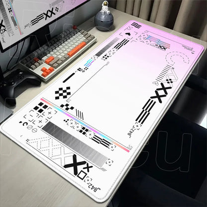 Large desk mat with geometric patterns on a desk setup