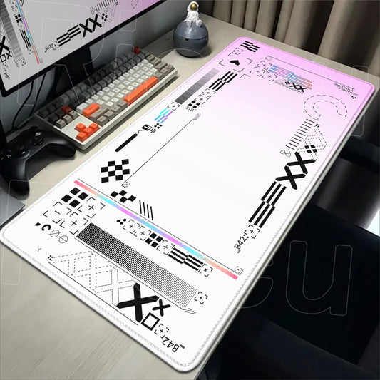 Large desk mat with geometric patterns on a desk setup