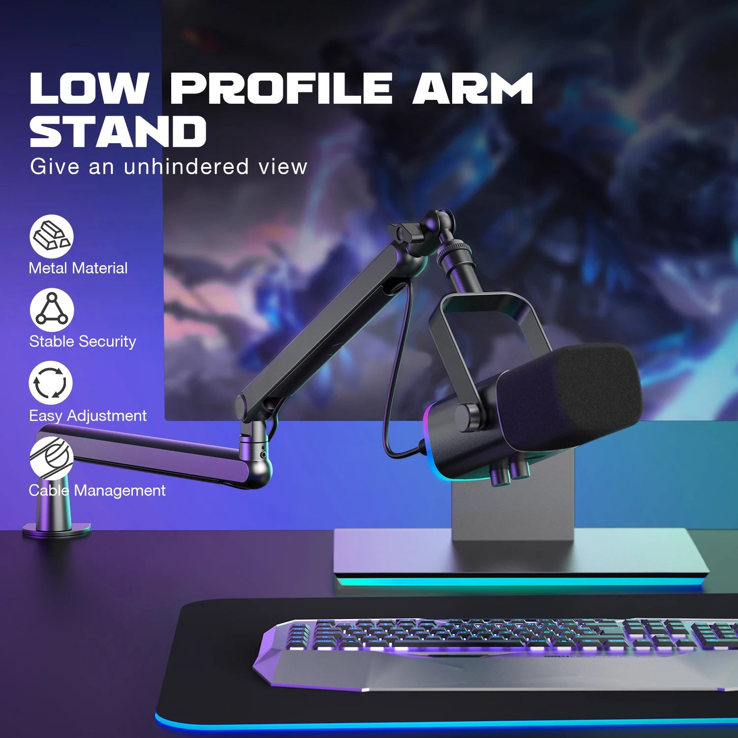 Low profile arm stand with microphone on a desk setup, featuring text and icons about product features.