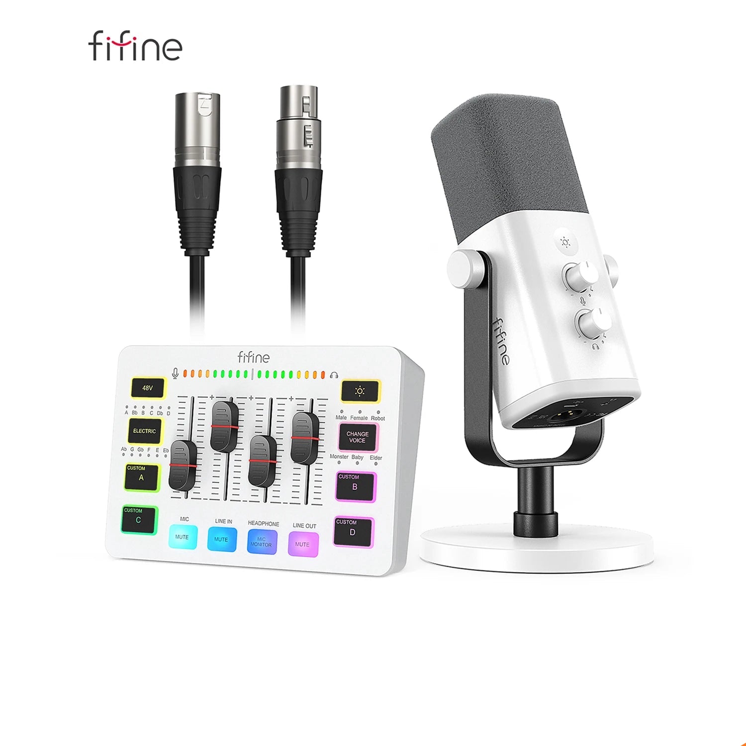 Fifine microphone and audio mixer with cables on a white background