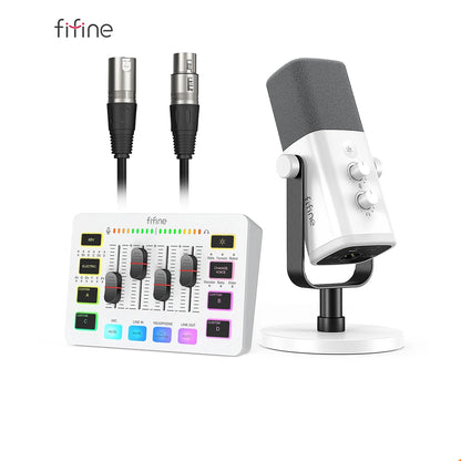 Fifine microphone and audio mixer with cables on a white background
