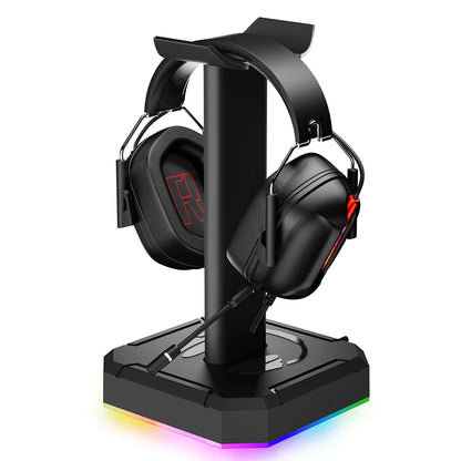 Black gaming headset on a stand with RGB lighting on a white background