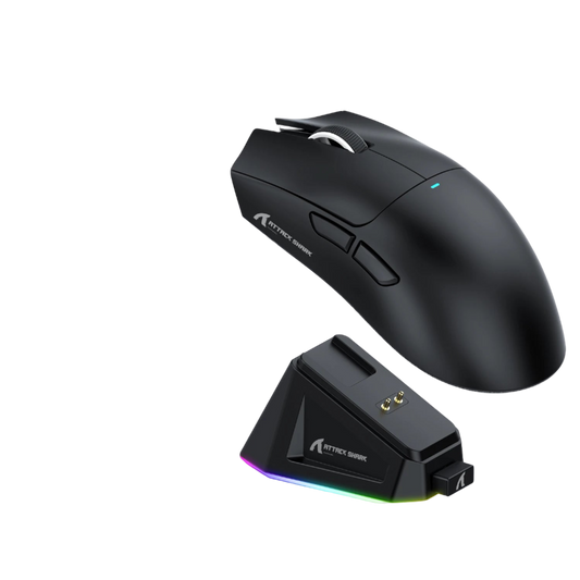 Attack Shark X11 mouse with charging dock on a white background
