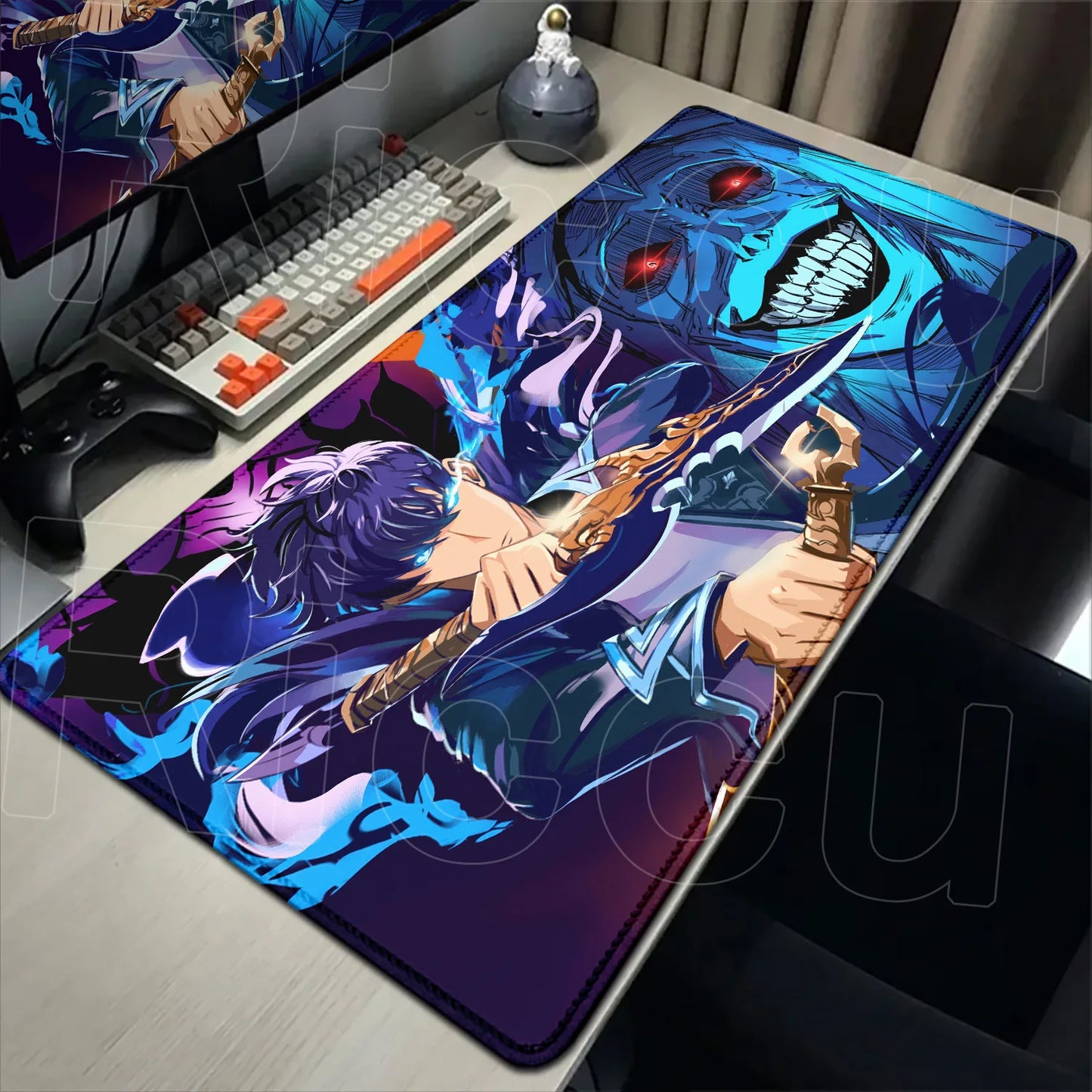 Gaming desk setup with a large mouse pad featuring an anime-style character.