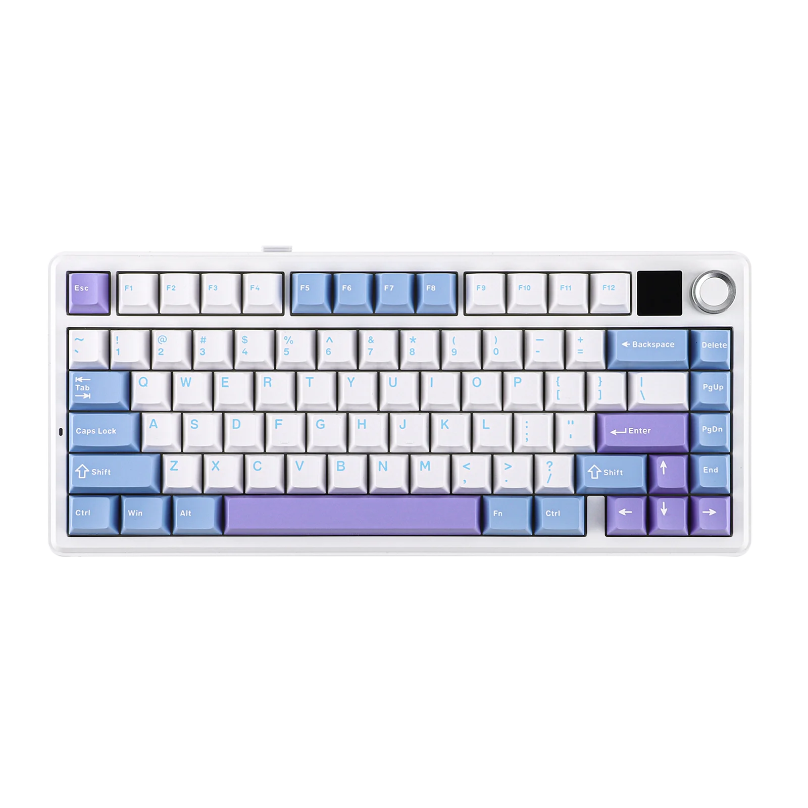 Keyboard with blue and purple keycaps on a white background