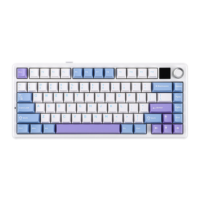 Keyboard with blue and purple keycaps on a white background