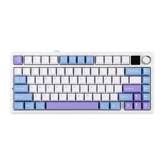 Keyboard with blue and purple keycaps on a white background