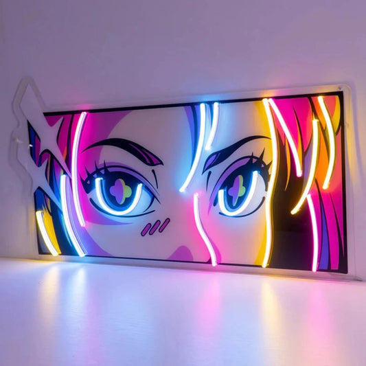 Neon sign of an anime character's face on a white wall