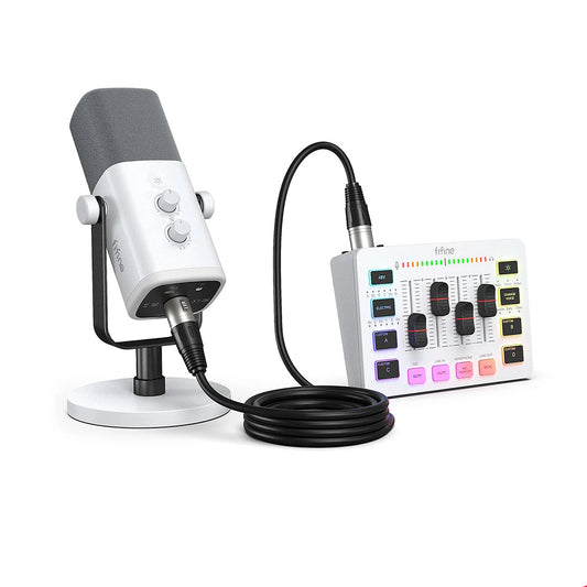 Microphone and control panel with colorful display on a white background, featuring Arabic text and product pricing.