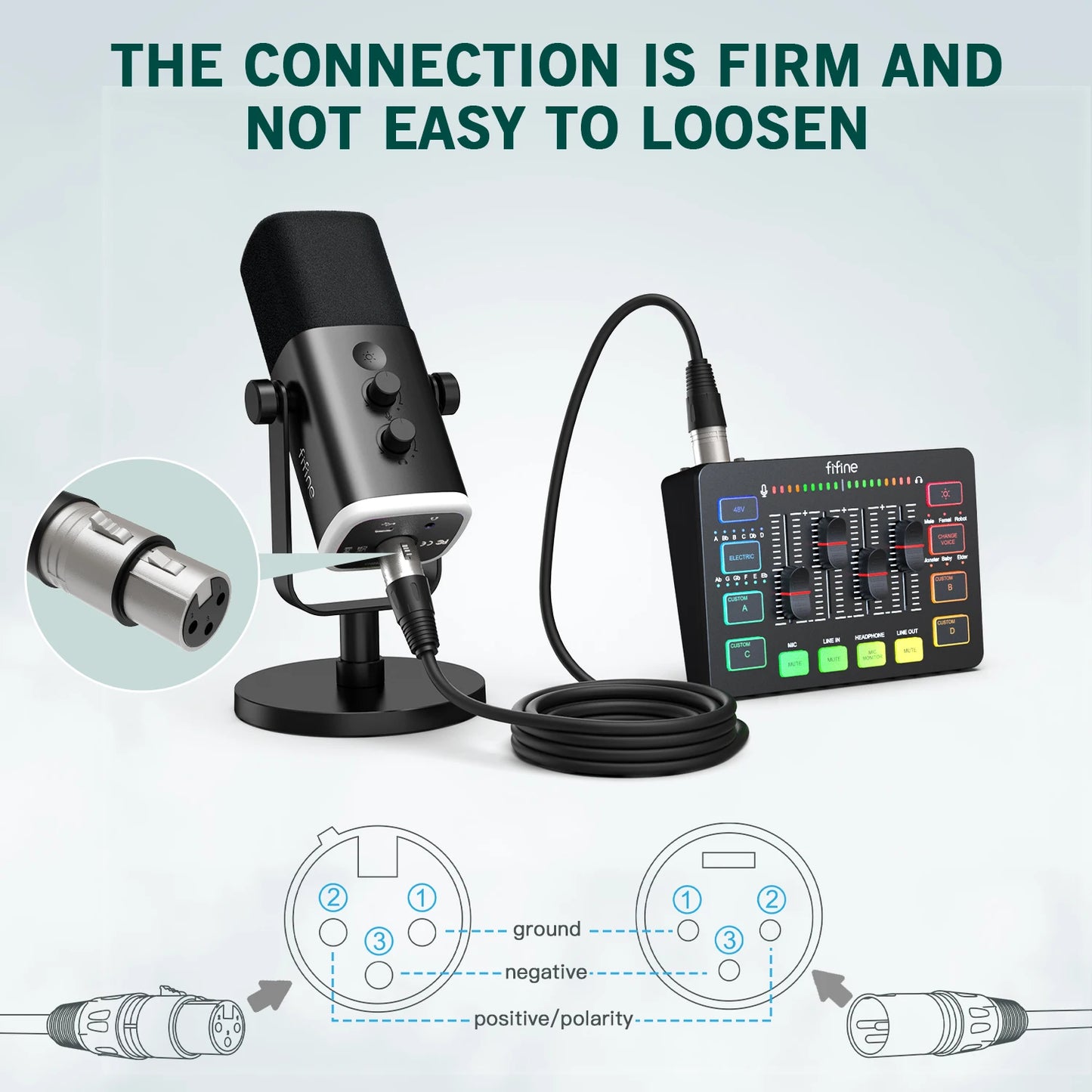 Microphone setup with audio interface and cable on a light gray background