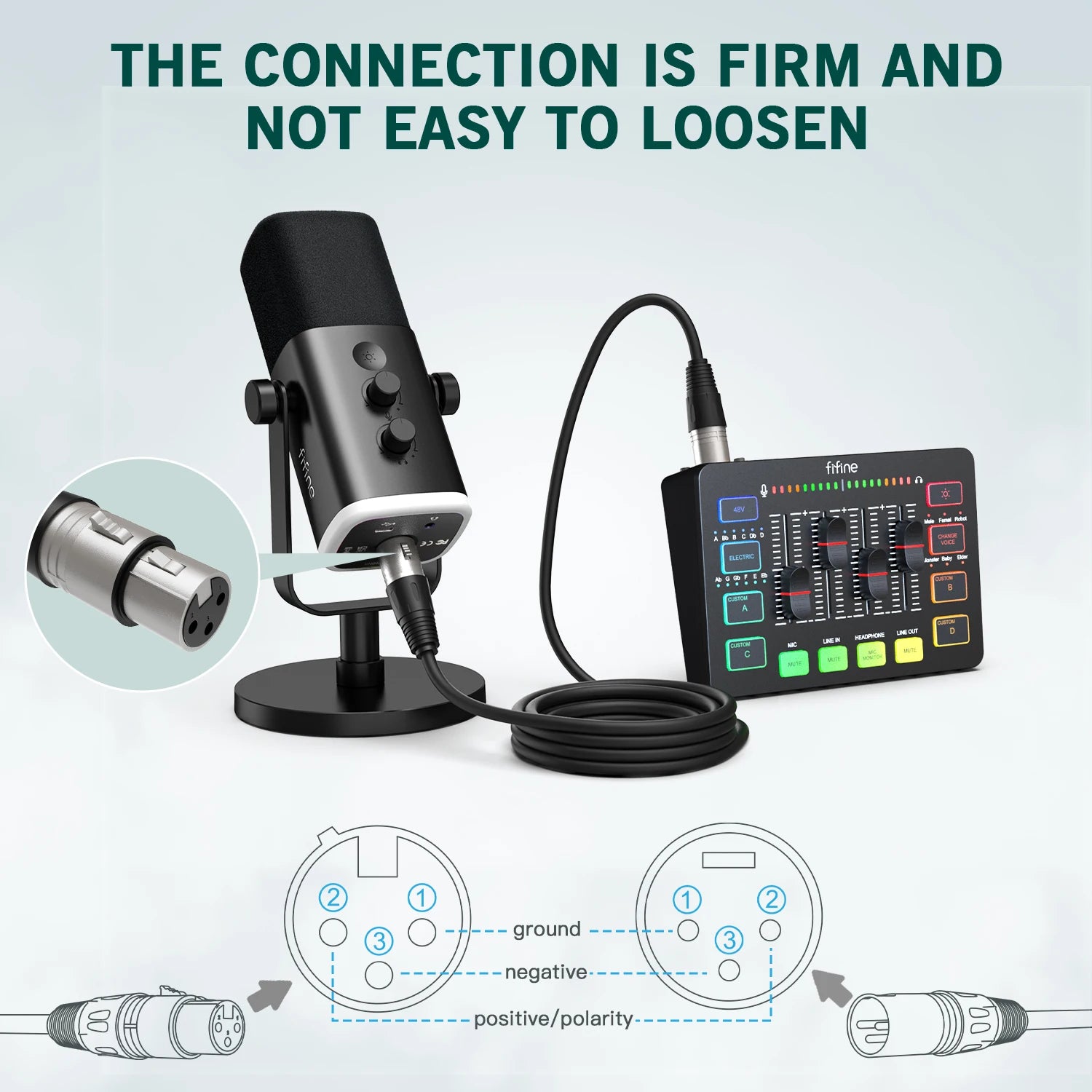 Microphone setup with audio interface and cable on a light gray background