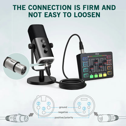 Microphone setup with audio interface and cable on a light gray background