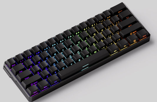 Black mechanical keyboard with RGB lighting on a gray background