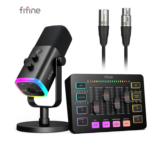 Fifine microphone and control panel with cables on a white background