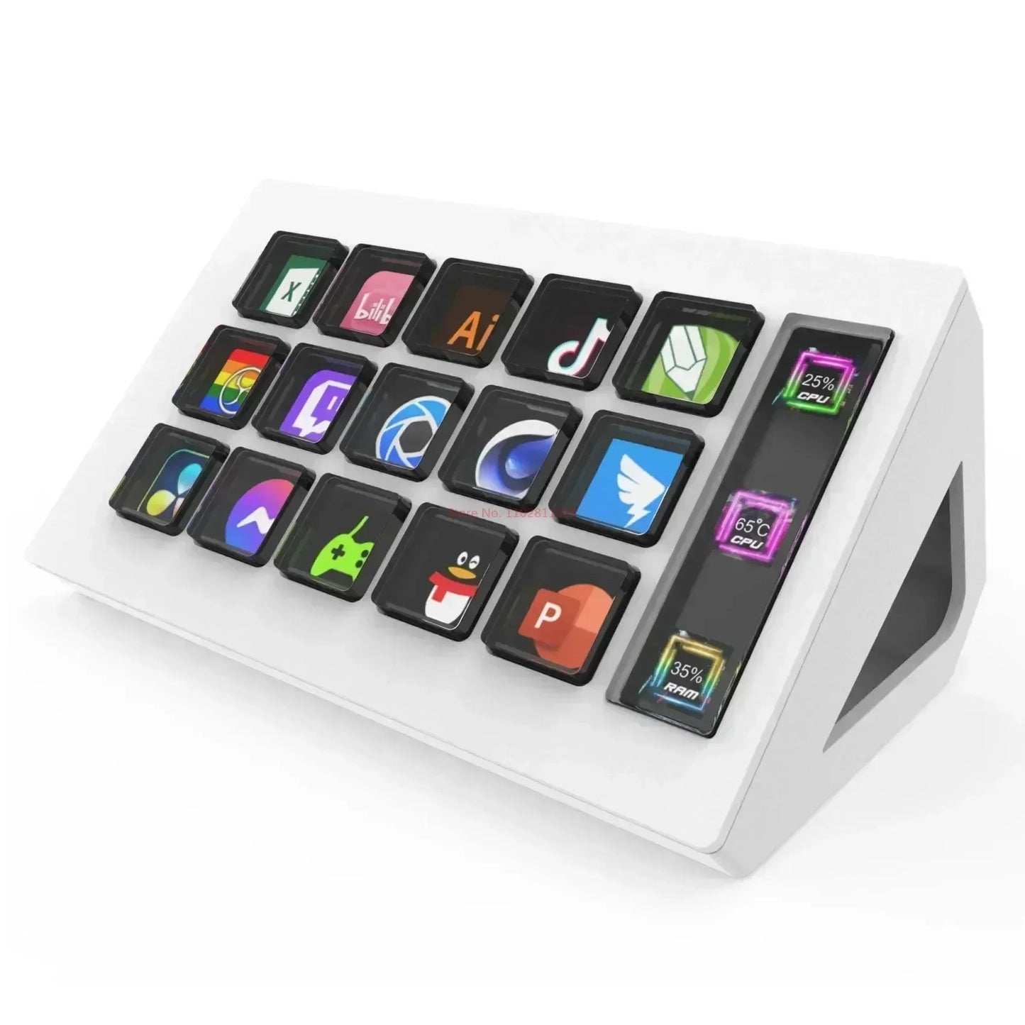 Key-like device with app icons on a white background