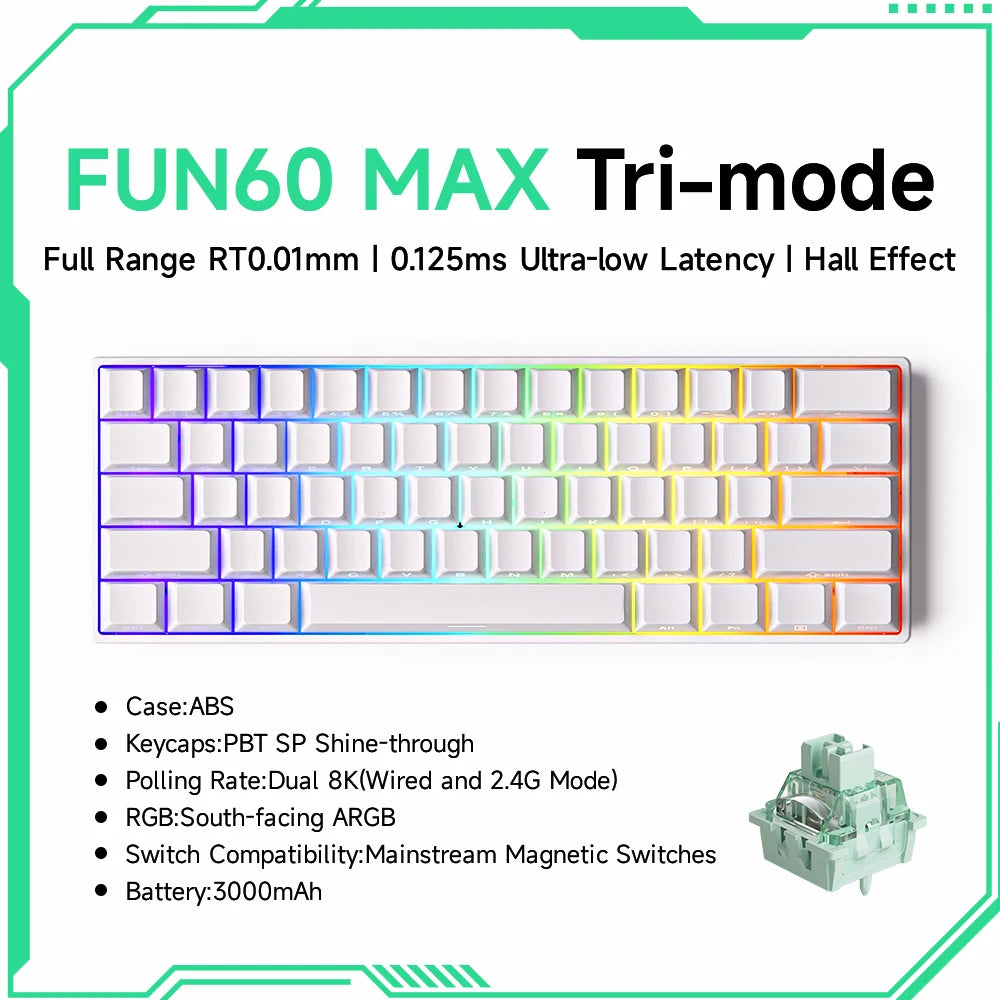 FUN60 MAX Tri-mode keyboard with specifications on a white background