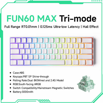 FUN60 MAX Tri-mode keyboard with specifications on a white background