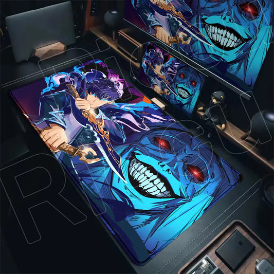 Phone case with anime-style design featuring a character with a sword and a blue-skinned creature on a dark background.