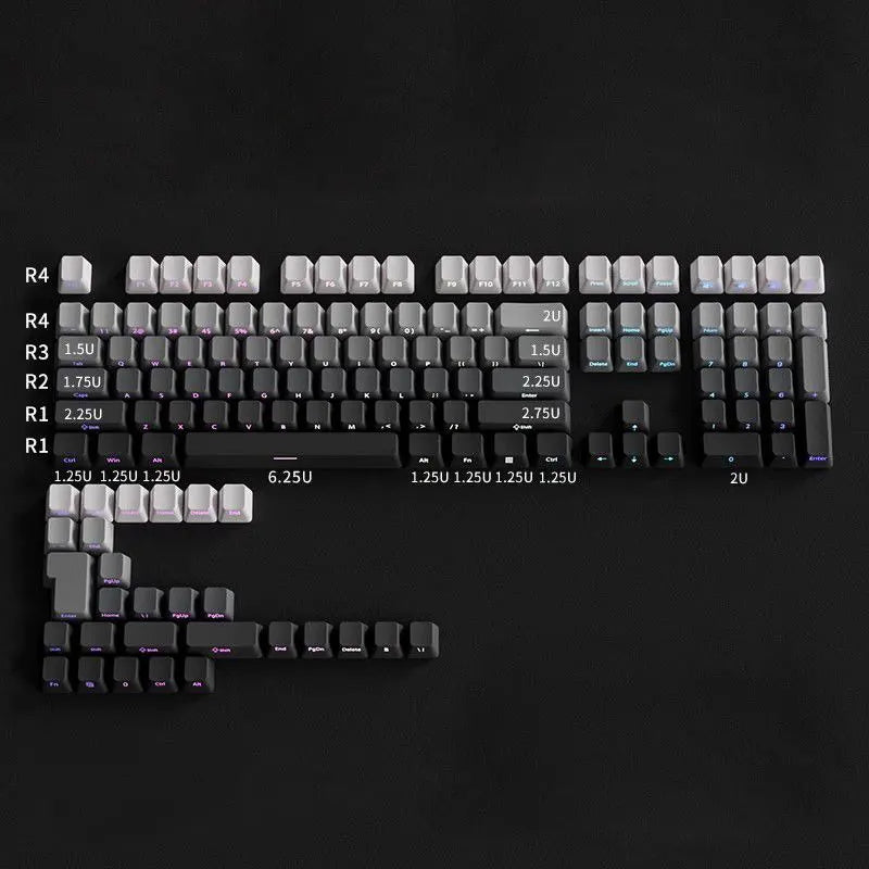Mechanical keyboard keycaps with measurements on a black background