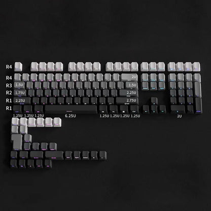 Mechanical keyboard keycaps with measurements on a black background