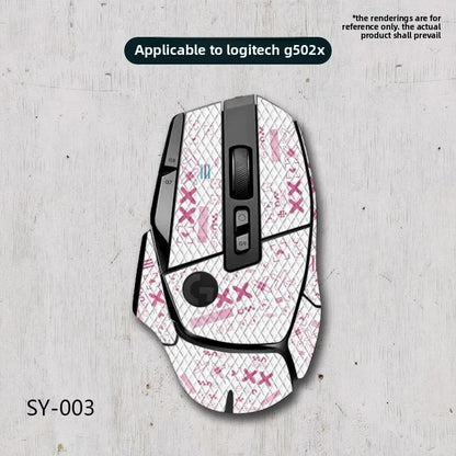 White gaming mouse with pink patterns on a light gray background