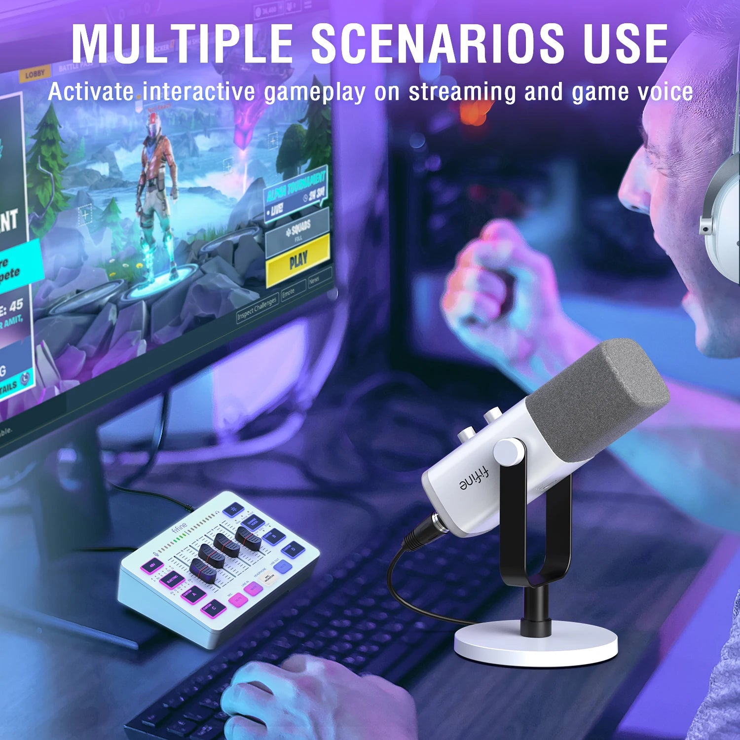Gaming setup with microphone, keyboard, and monitor displaying interactive gameplay.