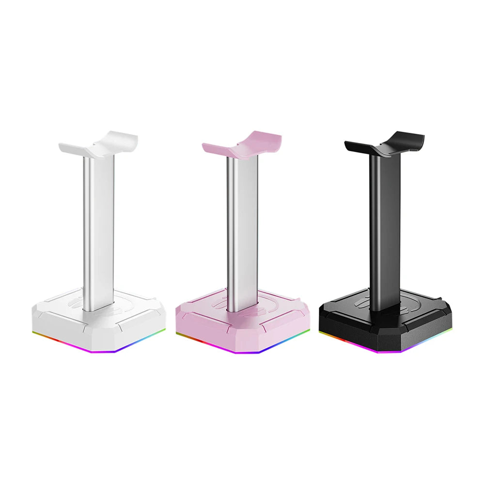Three gaming headset stands with RGB lighting on a white background