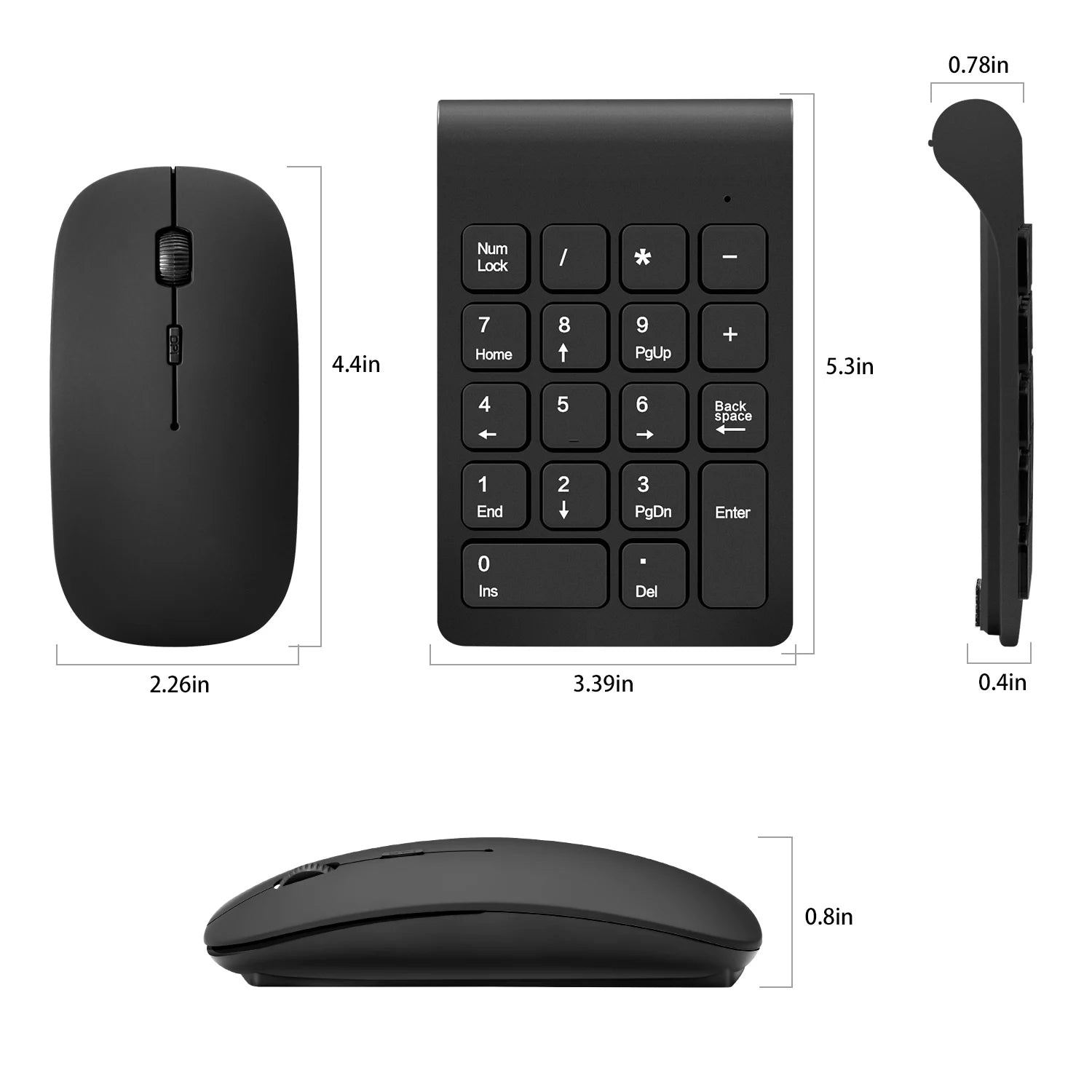 Black wireless mouse, numeric keypad, and other accessories with measurements on a white background