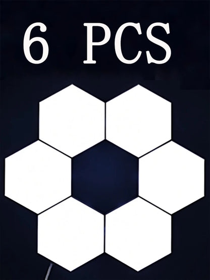 White hexagonal light panels arranged in a pattern with '6 PCS' text on a dark background.