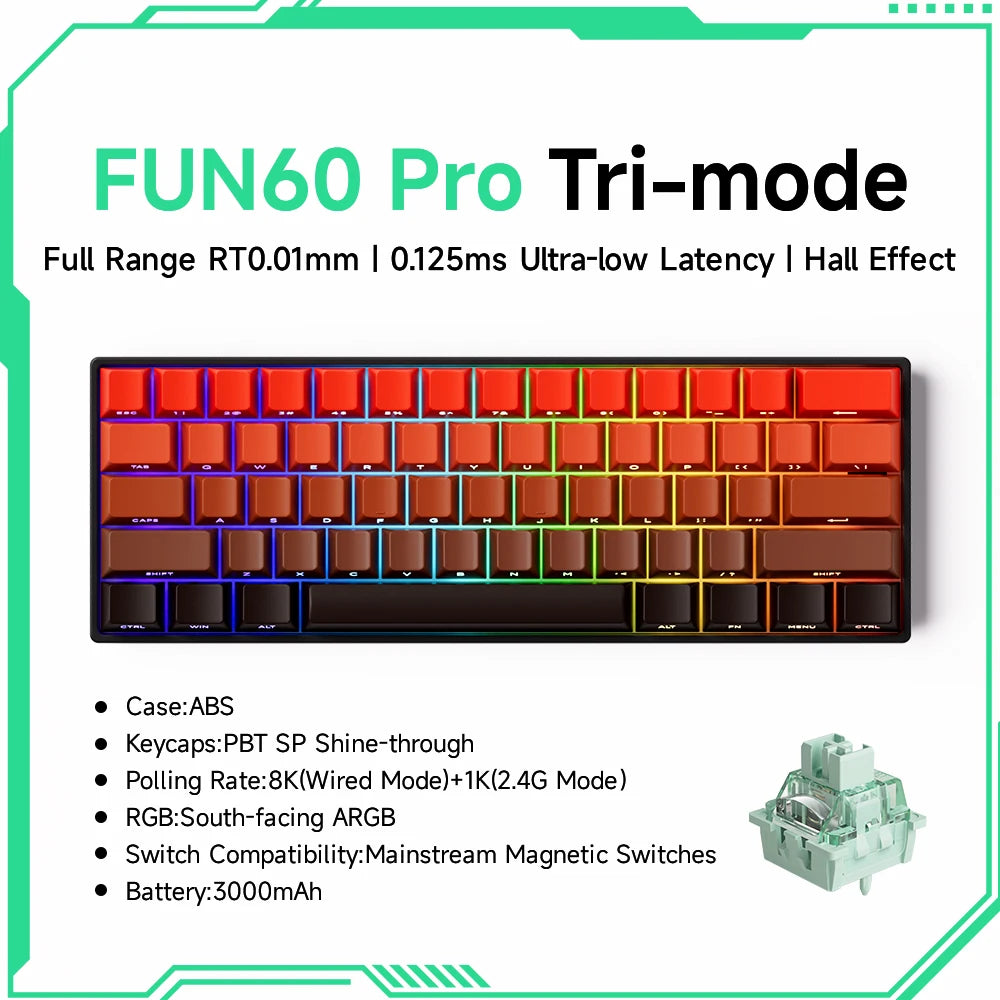 FUN60 Pro Tri-mode keyboard with specifications on a white background