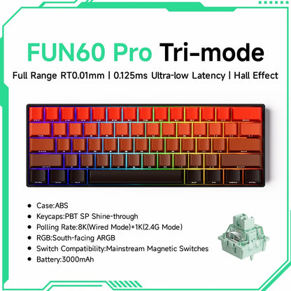 FUN60 Pro Tri-mode keyboard with specifications on a white background