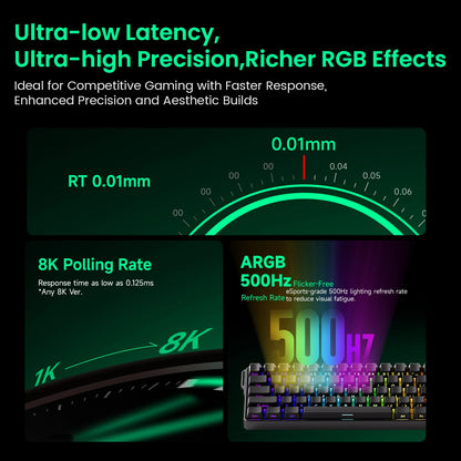 Gaming keyboard with RGB lighting and technical specifications on a dark background