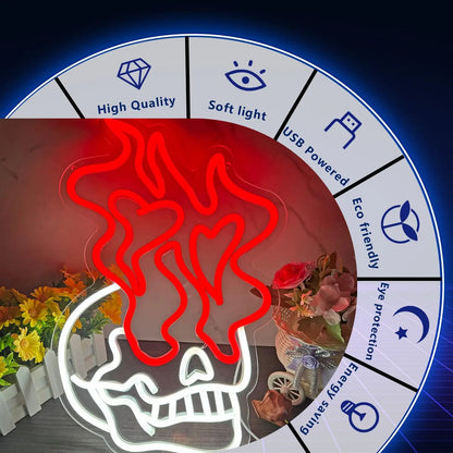 Neon light shaped like a skull with a red glow, surrounded by decorative plants on a dark background.