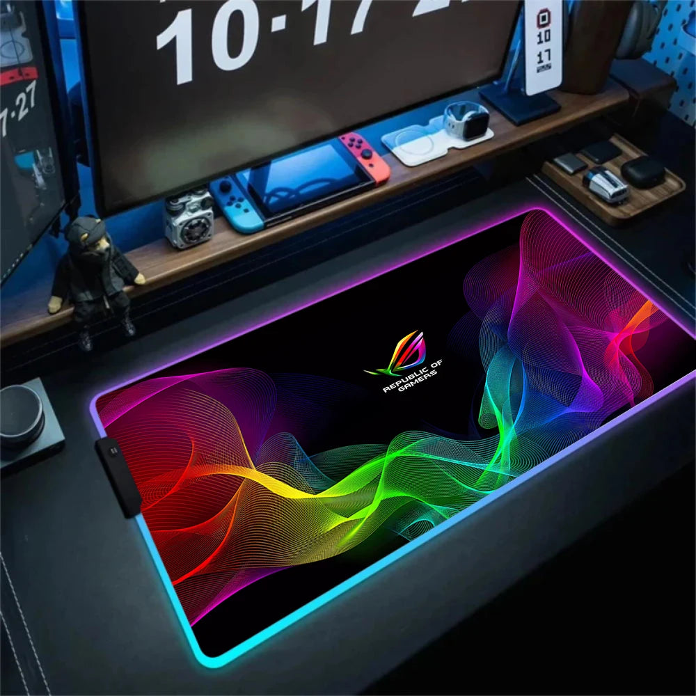 Colorful gaming mouse pad with RGB lighting on a desk