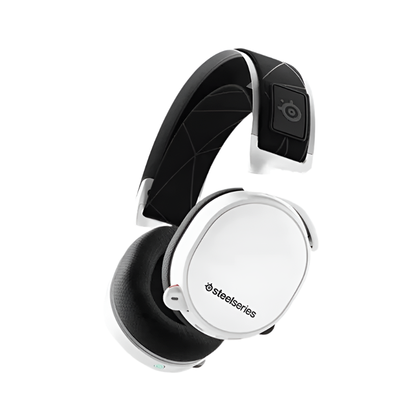 Black and white SteelSeries gaming headset on a white background