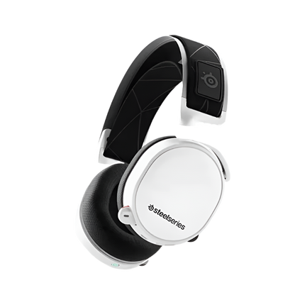 Black and white SteelSeries gaming headset on a white background