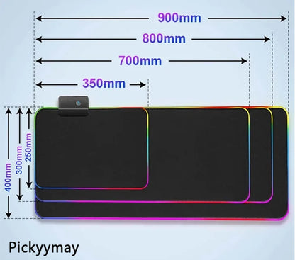 Dimensions of a gaming mouse pad with colorful border, branded 'Pickyymay'.