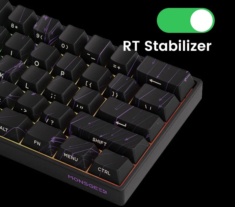 Mechanical keyboard with 'RT Stabilizer' feature on a black background