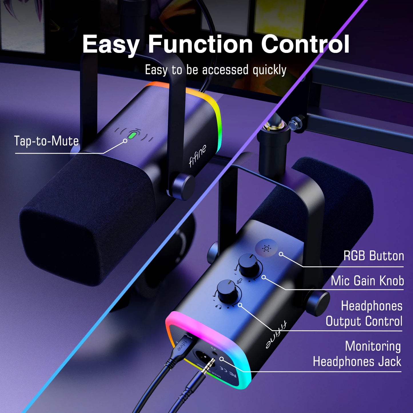 Audio interface with labeled controls on a purple background