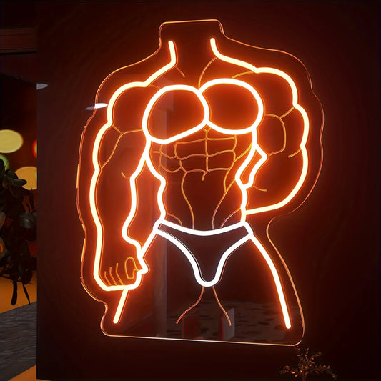 Neon light sculpture of a muscular figure in a dark setting