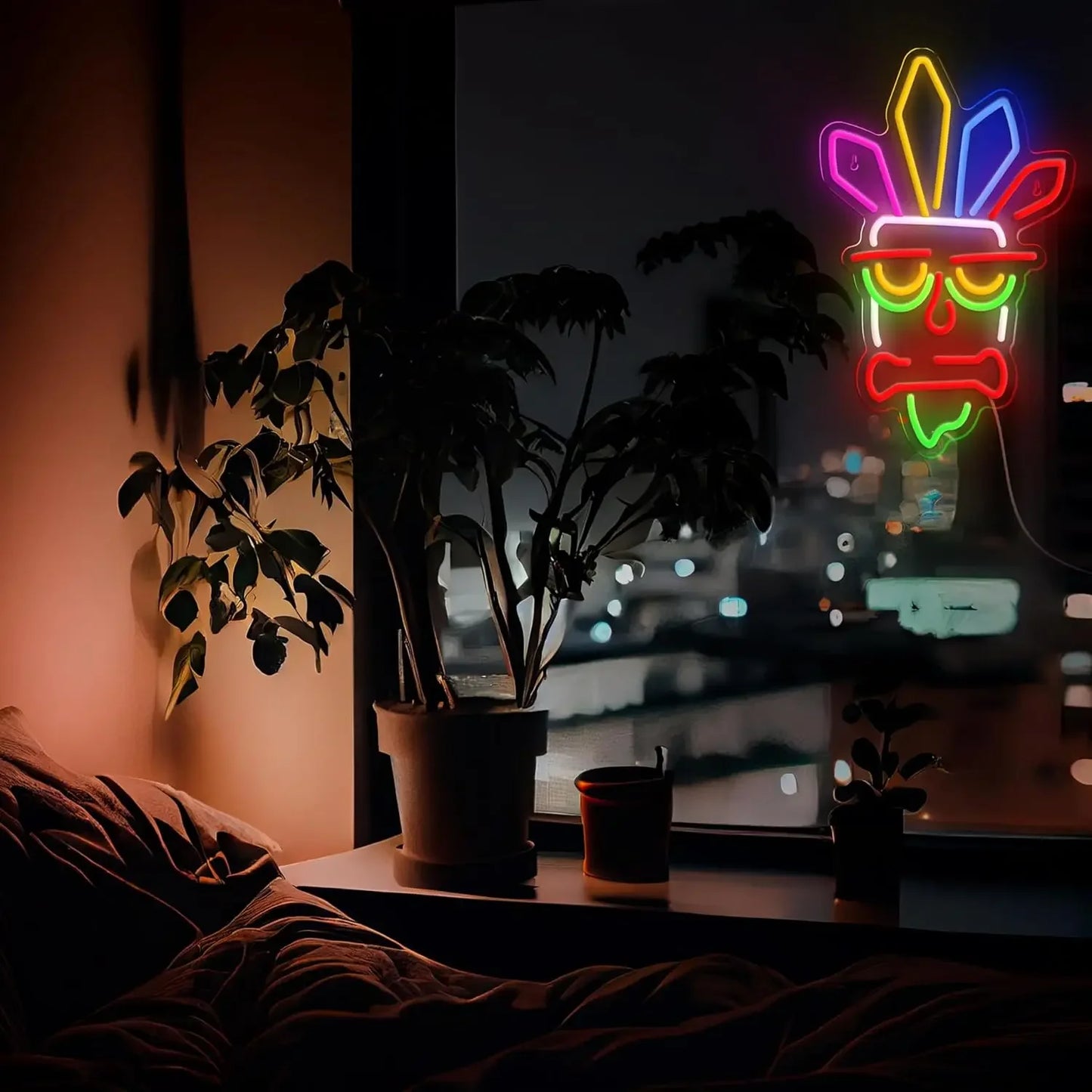 Neon sign of a face with a bone in a room with plants and a window view.