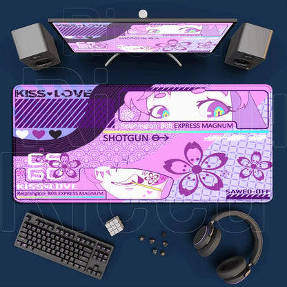 Purple gaming desk setup with monitor, keyboard, mouse, and headphones on a dark blue background