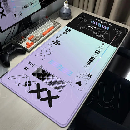 Desk setup with a futuristic design mouse pad, keyboard, and monitor.