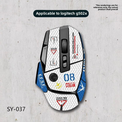 Logitech G502x gaming mouse with custom design on a light gray background