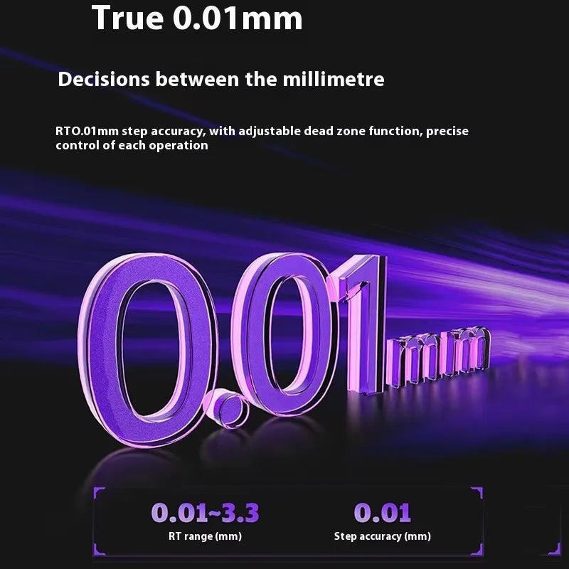 Purple '0.01 mm' text on a black background with technical specifications.