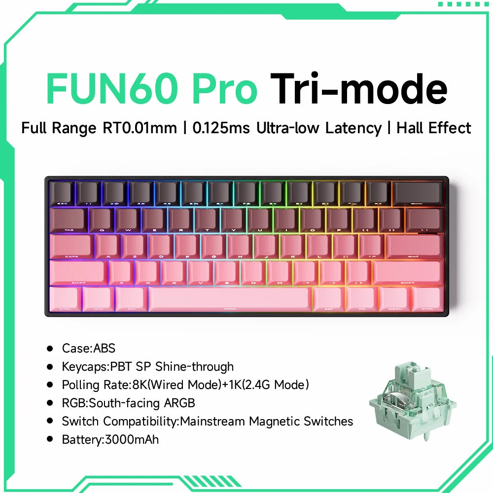 FUN60 Pro Tri-mode keyboard with colorful keycaps on a white background